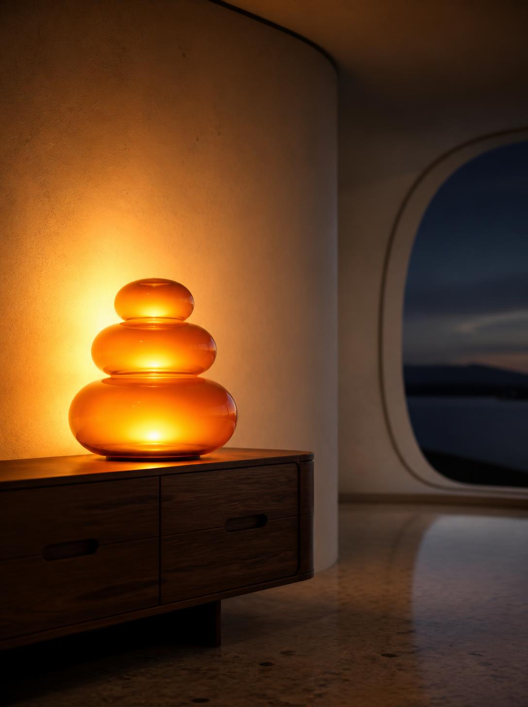 Leuchtende Design-Lampe auf Walnuss-Sideboard